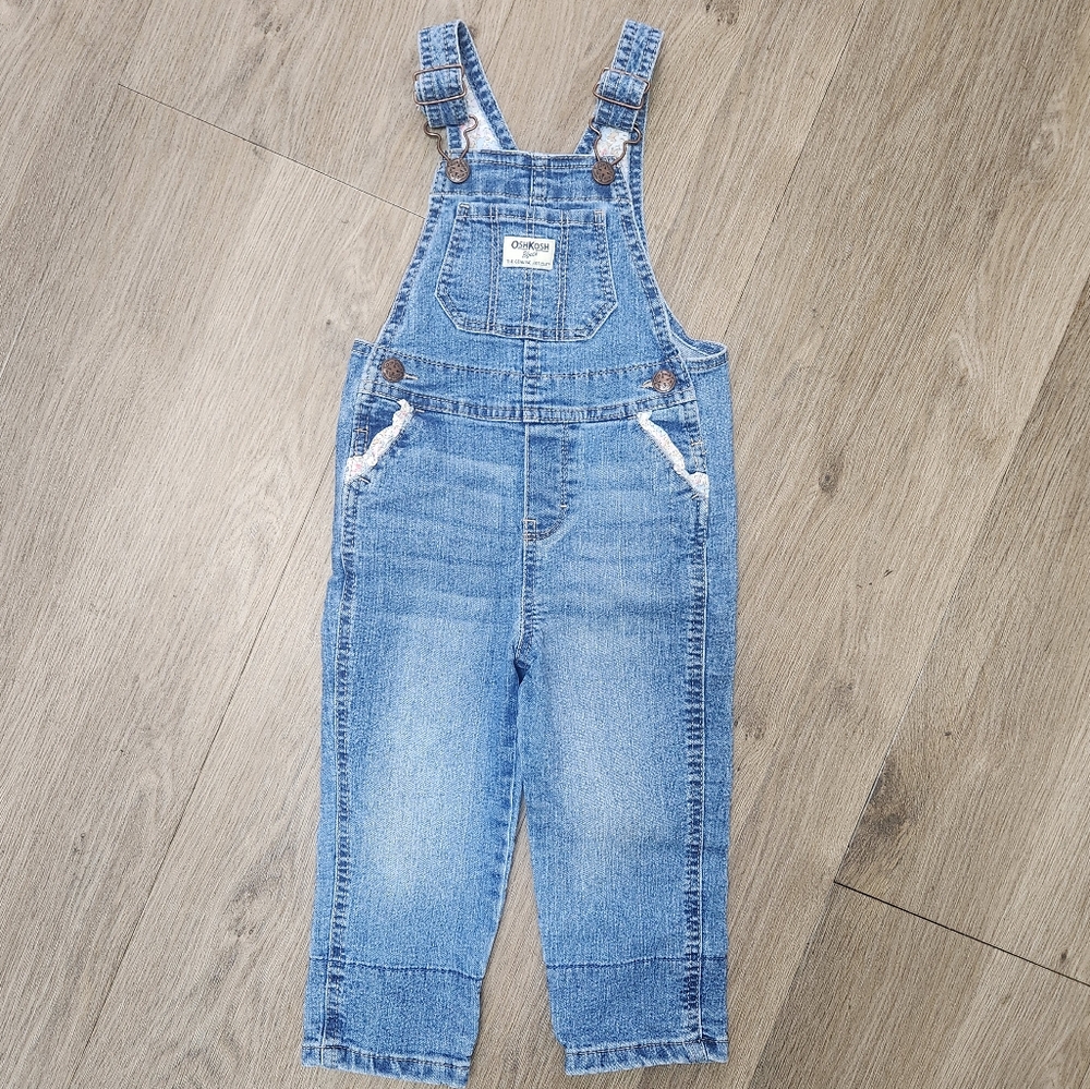 OshKosh B'gosh Classic Blue Denim Overalls With Pocket Ruffles Size 2T